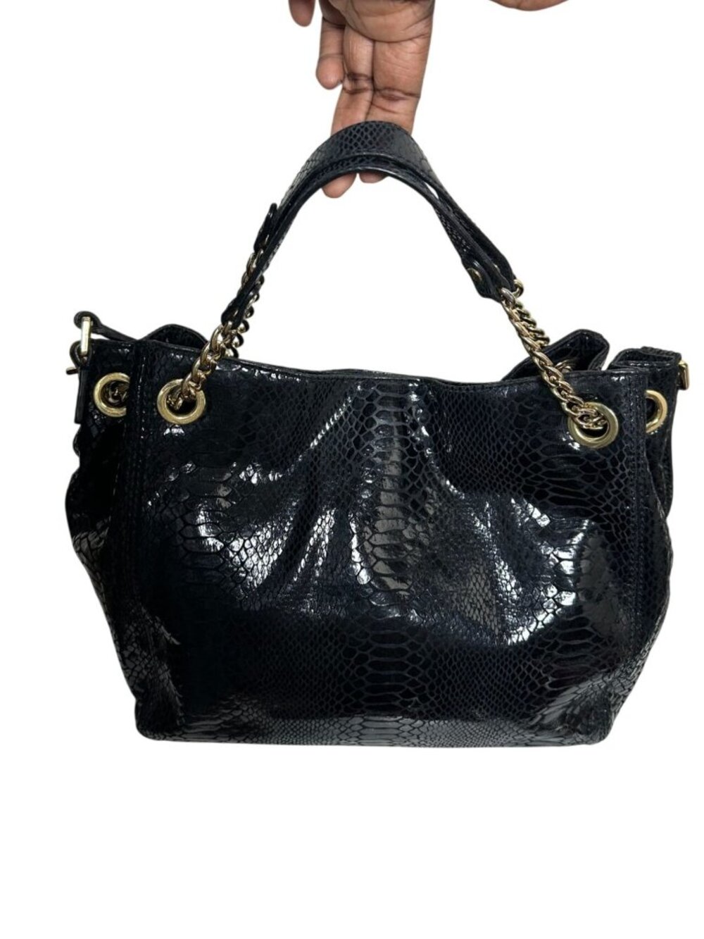 Michael Kors Black Glossy Python Embossed Leather Shoulder Bag Gold Chain Hobo P - Picture 3 of 14